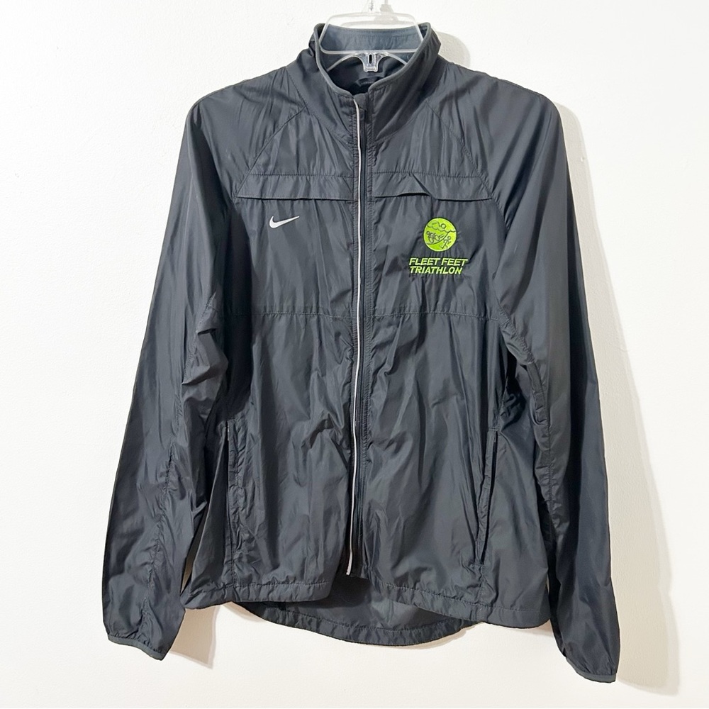 Nike Charcoal Fleet Feet Triathlon Windbreaker Jacket - Green Logo, Full Zip